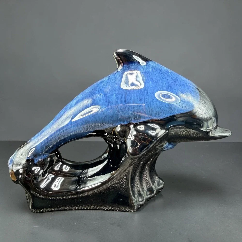 Blue Black Drip Glaze Ceramic Dolphin Figurine Nautical Coastal Decor 7 Inch